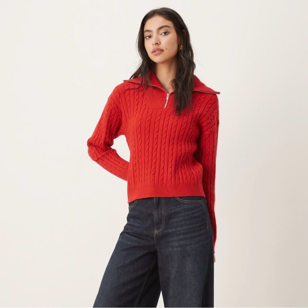Mango cable knit quarter zip sweater in red